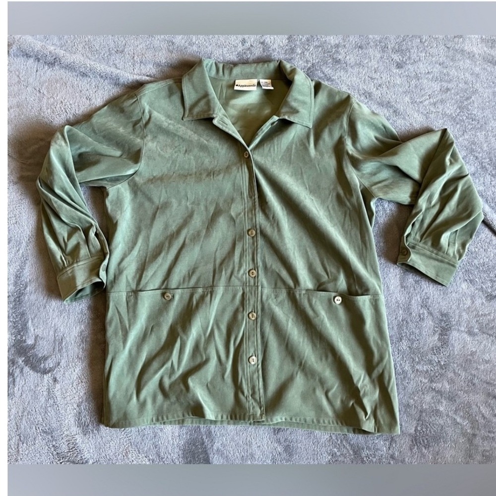 Appleseed's Womens 18W Sage Green Button Front Blouse Plus Size Stretch Career